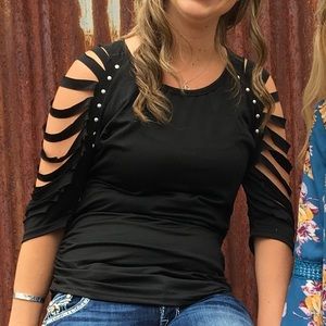 Black Embellished Cutout Sleeve Top size Large Lucky